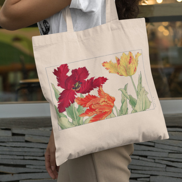 Japanese Parrot Tulip Woodblock Art Tote - Picture 1 of 5